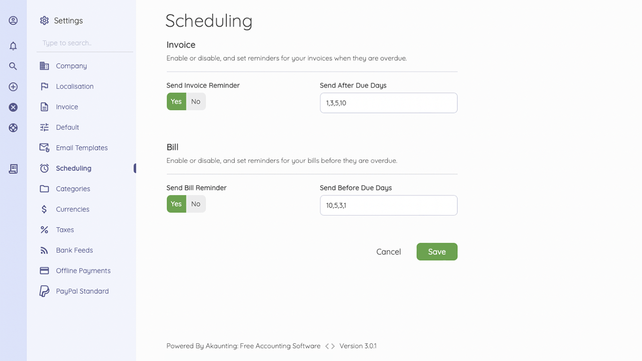 Scheduling settings
